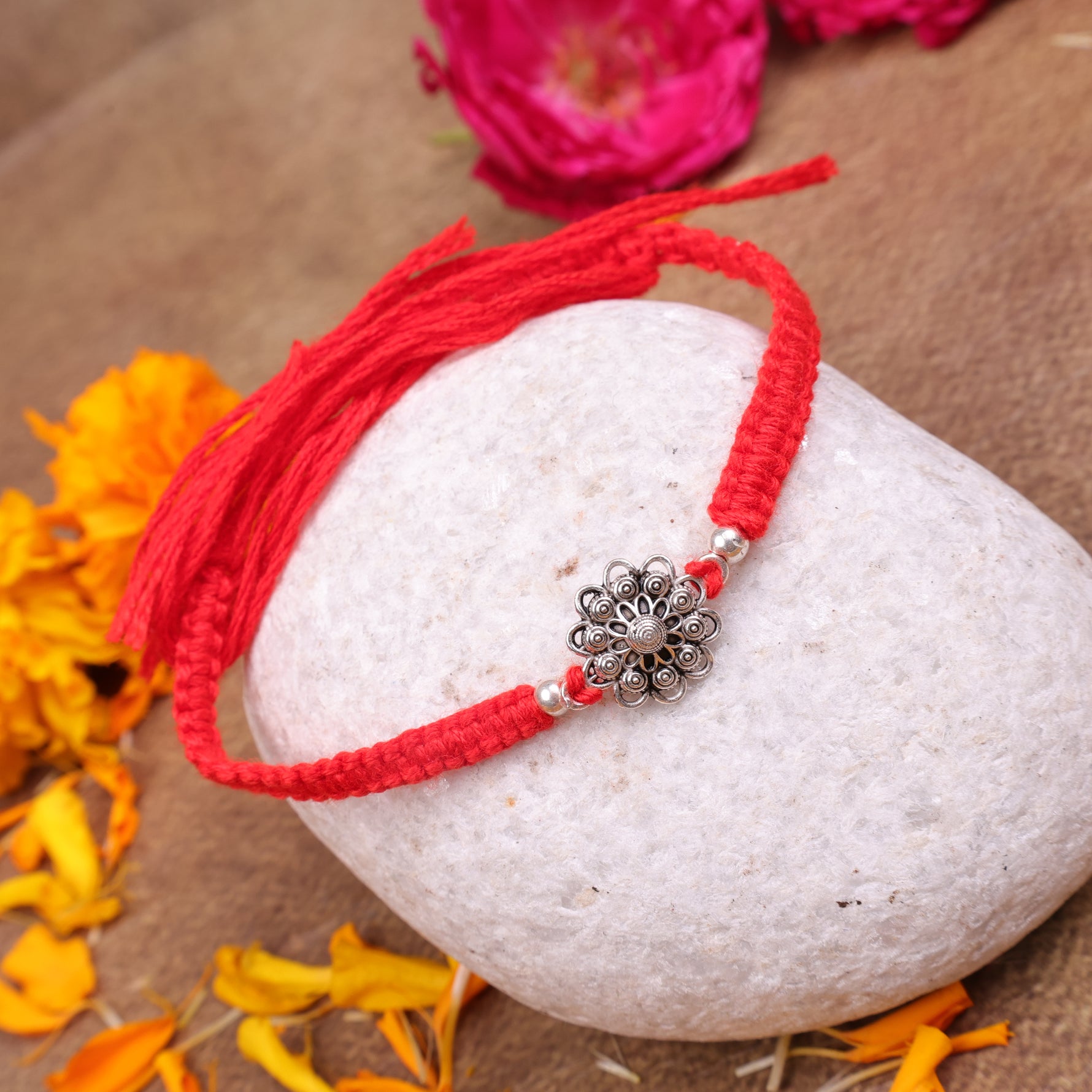 925 Sterling Silver Mandala Rakhi | Sacred Floral Raksha Bandhan Rakhi | Handmade Adjustable Silver Rakhi for Brother