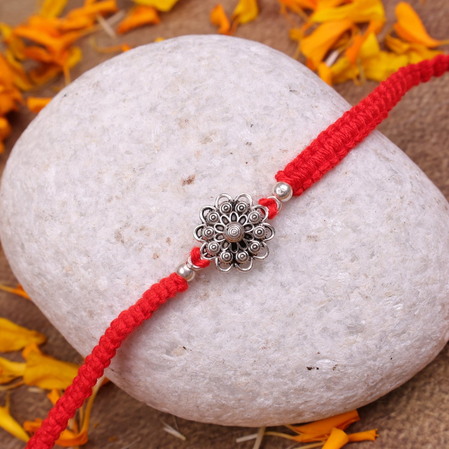 925 Sterling Silver Mandala Rakhi | Sacred Floral Raksha Bandhan Rakhi | Handmade Adjustable Silver Rakhi for Brother