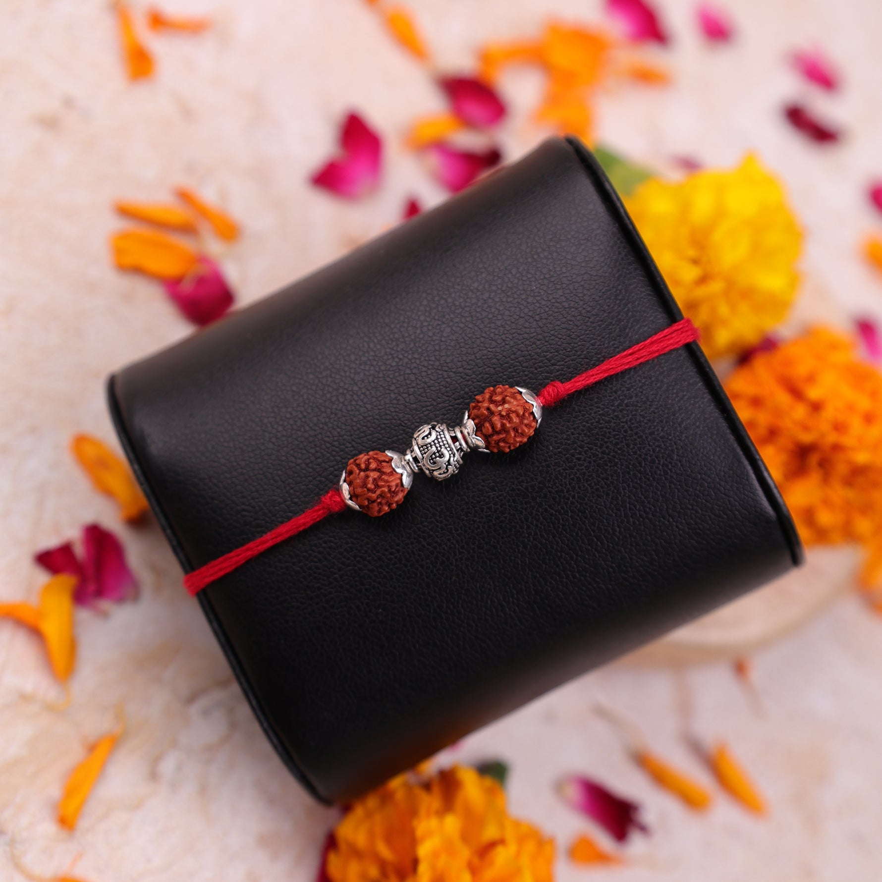 Sacred 925 Sterling Silver 5 Mukhi Rudraksha Rakhi Collection, Om Design, Adjustable Rakhi Bracelet925 Sterling Silver 5 Mukhi Rudraksha Rakhi, Spiritually Energized Raksha Bandhan Bracelet for Brother