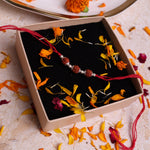 Spiritually energized Triple Rudraksha Rakhi in luxury gift box, handcrafted with genuine 5 Mukhi Rudraksha and 925 Sterling Silver.