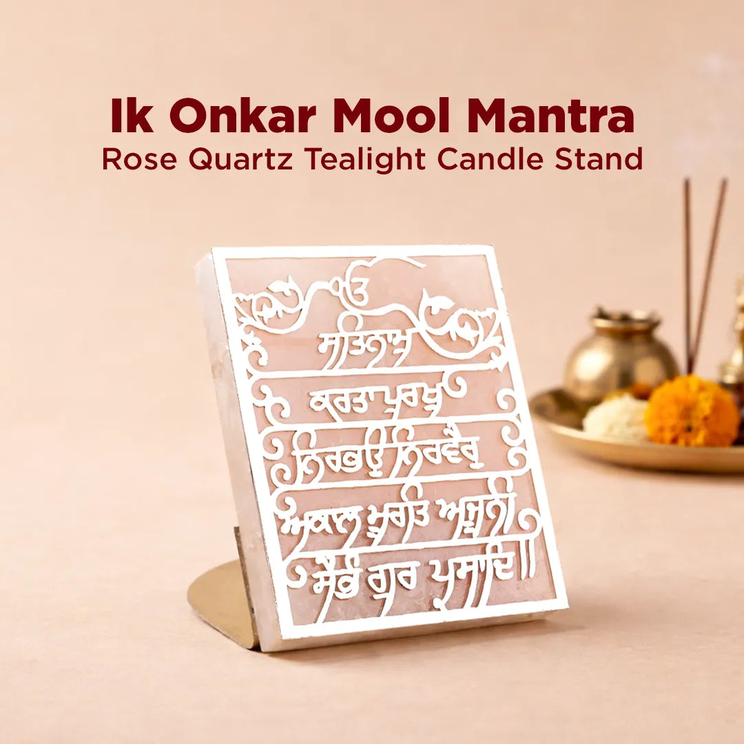 Rose Quartz Tealight Candle Stand with 'Ik Onkar Mool Mantra' text on a beige background