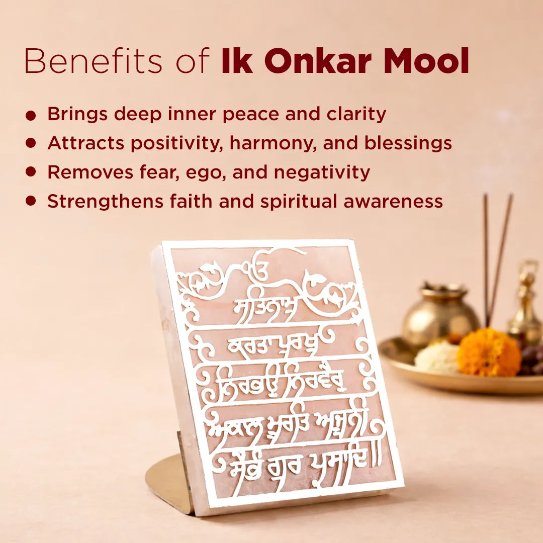 White decorative panel with text on a pink background, featuring the benefits of Ik Onkar Mool.