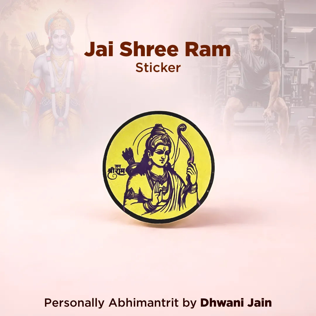 Sticker with 'Jai Shree Ram' text and a yellow circular design featuring a deity on a light pink background.