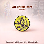 Sticker with 'Jai Shree Ram' text and a yellow circular design featuring a deity on a light pink background.