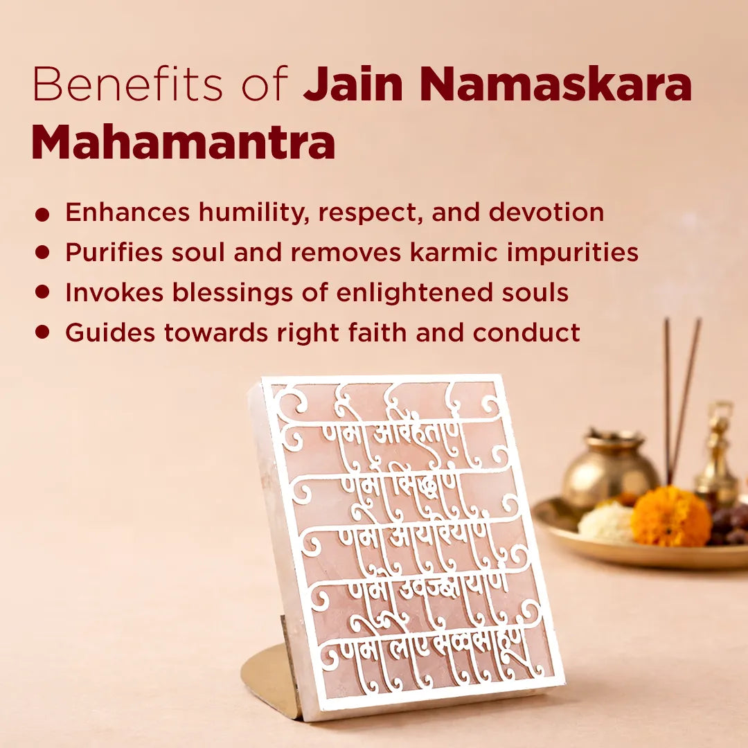 Jain Namaskara Mahamantra card with benefits listed on a beige background