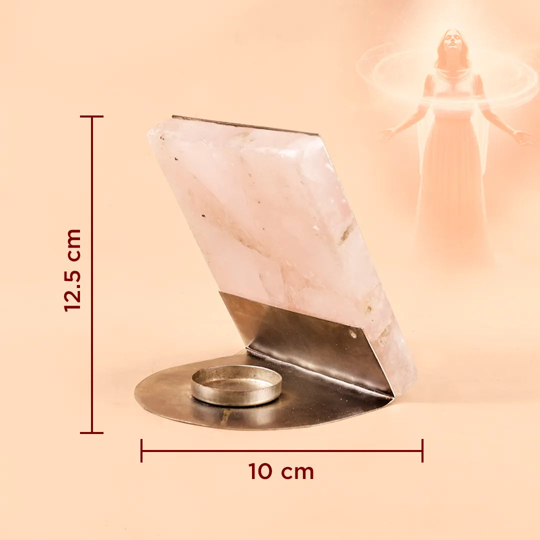 Decorative item with measurements on a beige backgroundJain Namaskar Mahamantra Rose Quartz Candle Stand for Peace & Purity