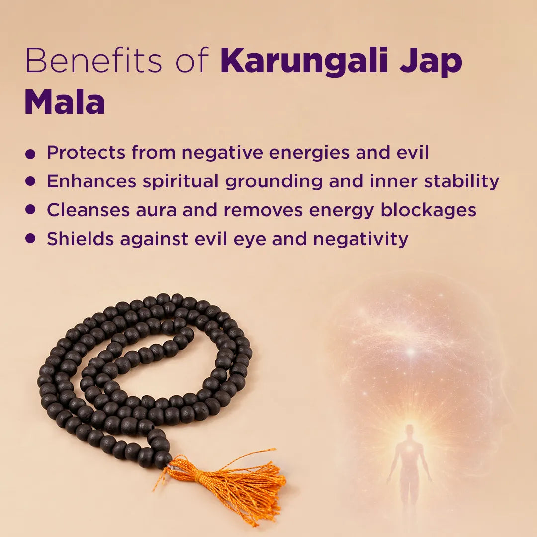 Karungali Jap Mala with benefits listed on a beige backgroundKarungali Jap Mala (Ebony Wood) for Meditation, Protection & Spiritual Focus