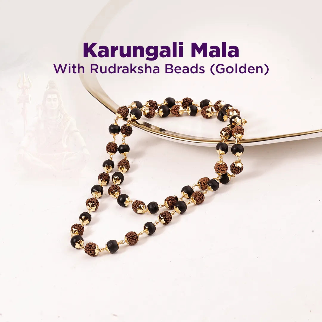 Karungali Mala with Rudraksha beads on a white background
