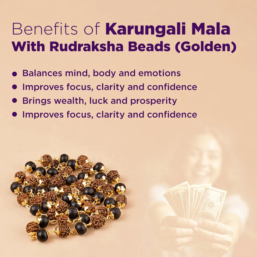 Karungali Mala with Rudraksha Beads on a beige background with text about its benefits.