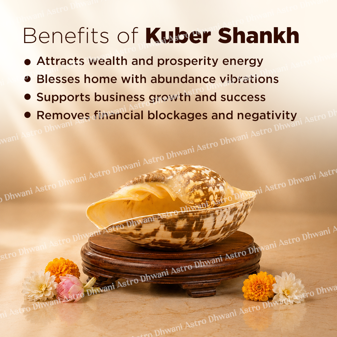 Kuber Shankh with benefits listed on a wooden stand against a warm backgroundKuber Shankh for Wealth Stability & Lord Kuber Blessings