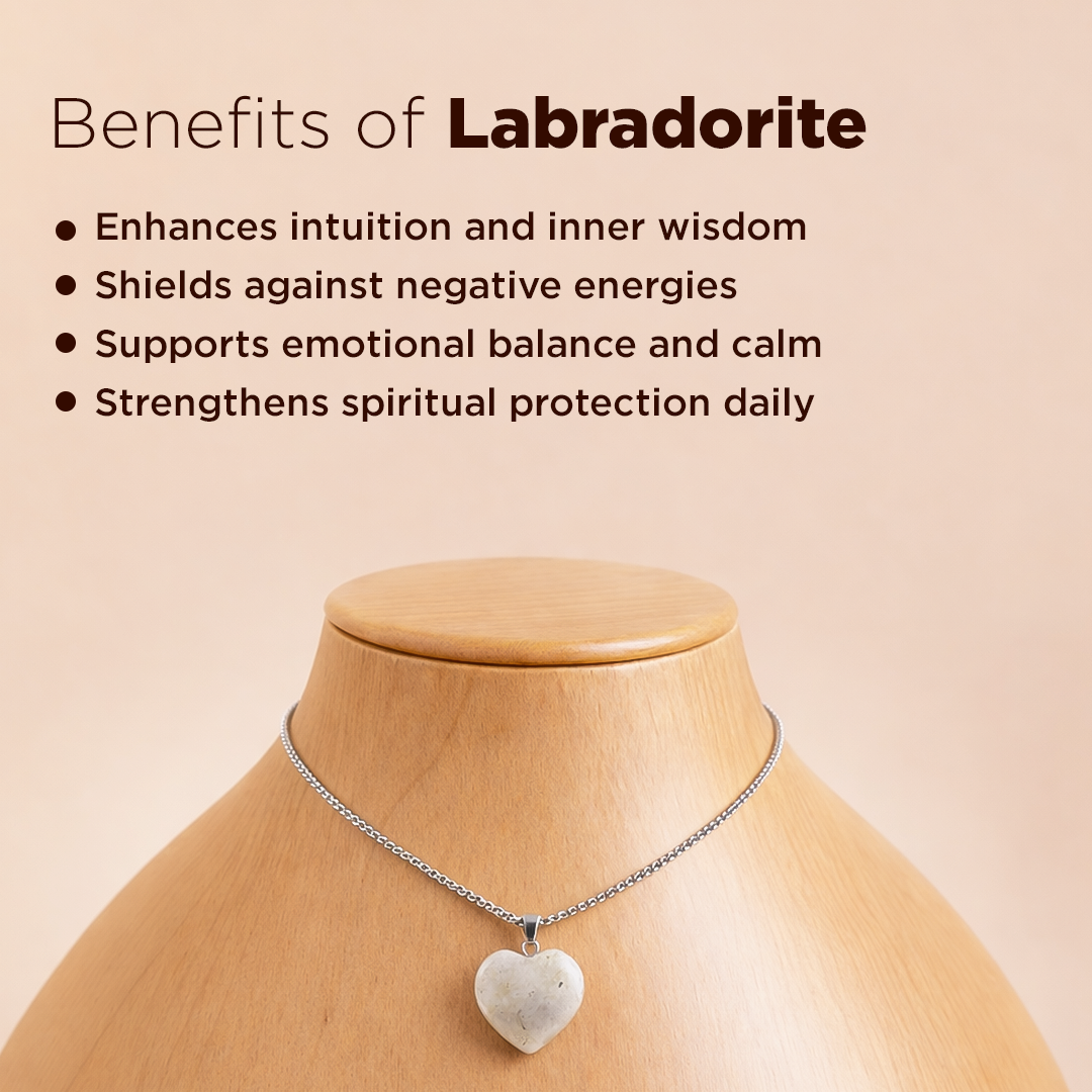 Necklace with a heart-shaped Labradorite pendant on a mannequin against a beige background with text about Labradorite benefits.