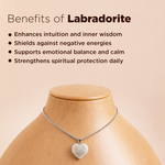 Necklace with a heart-shaped Labradorite pendant on a mannequin against a beige background with text about Labradorite benefits.