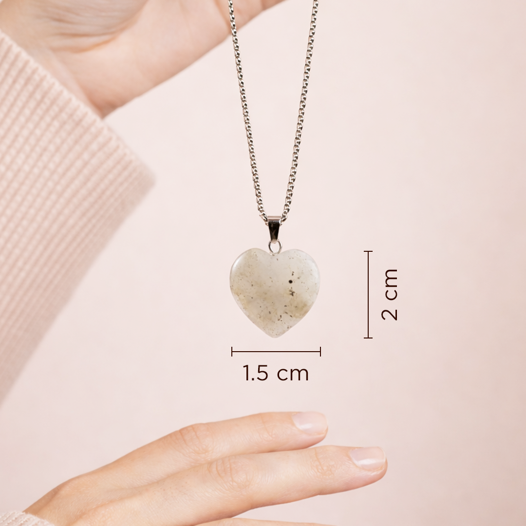 Heart-shaped pendant necklace with measurements on a plain backgroundLabradorite Heart Pendant (Abhimantrit) for Intuition & Protection