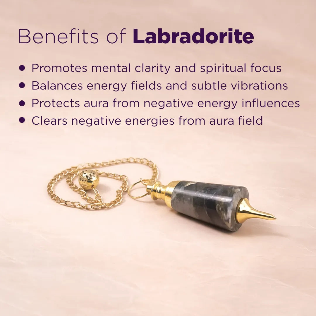 Labradorite pendulum with benefits listed on a pink backgroundLabradorite Pendulum for Intuition, Protection & Dowsing - Abhimantrit