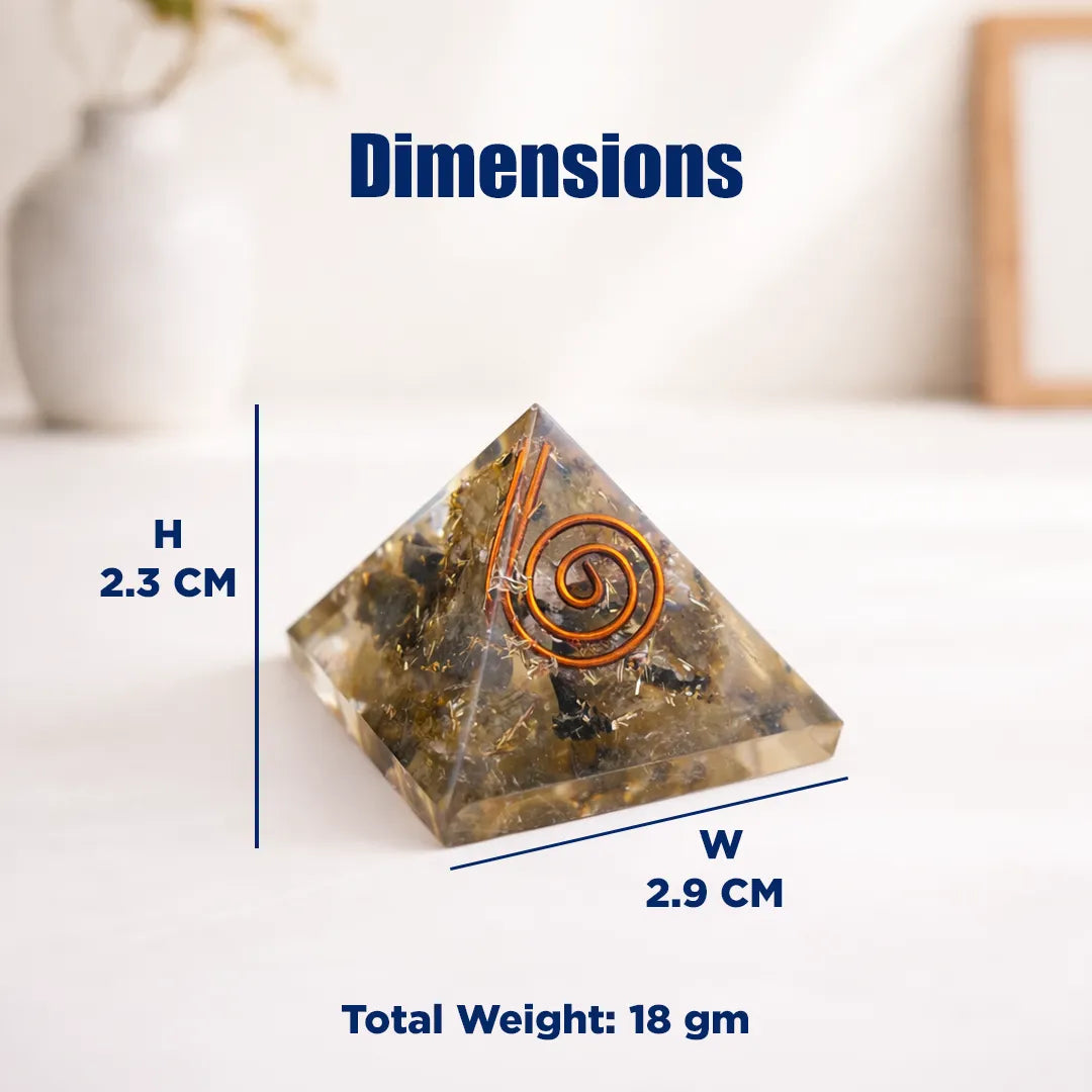 Pyramid-shaped crystal with spiral design on a white surface, showing dimensions and weight.Labradorite Pyramid – Protection, Intuition & Spiritual Growth Crystal