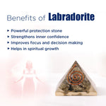 Triangular crystal with spiral design on a white background, featuring text about Labradorite benefits.