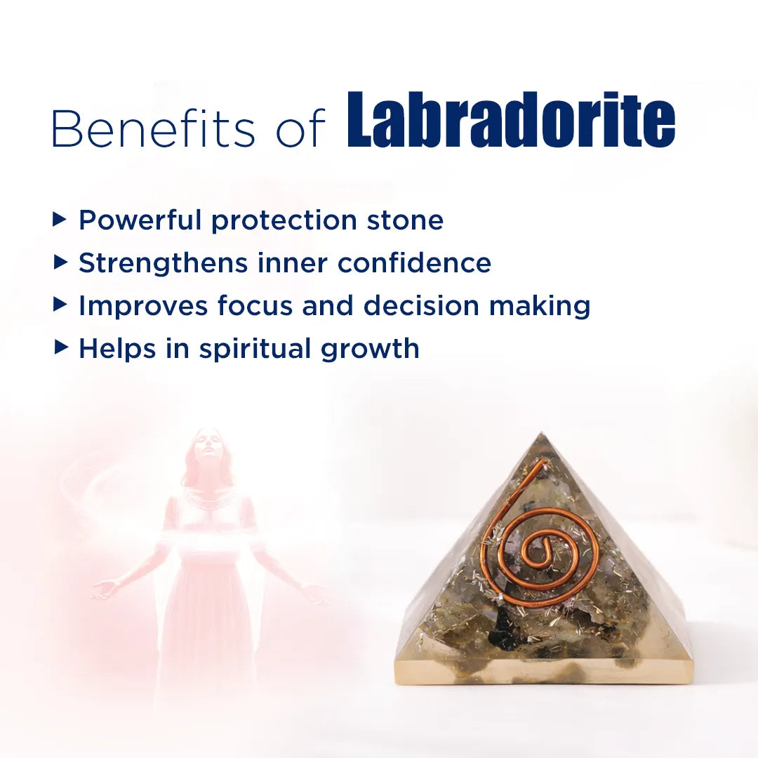 Triangular crystal with spiral design on a white background, featuring text about Labradorite benefits.Labradorite Pyramid – Protection, Intuition & Spiritual Growth Crystal