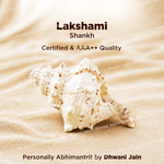 Shell on sand with Lakshami Shankh branding and product details.