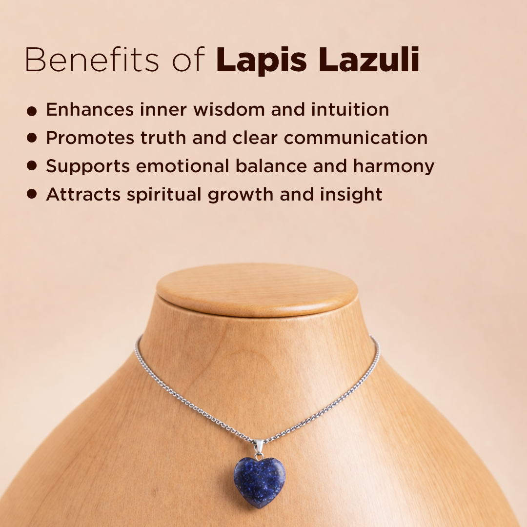 Lapis Lazuli necklace on a mannequin with benefits listed on a beige backgroundLapis Lazuli Heart Pendant (Abhimantrit) for Clarity & Communication
