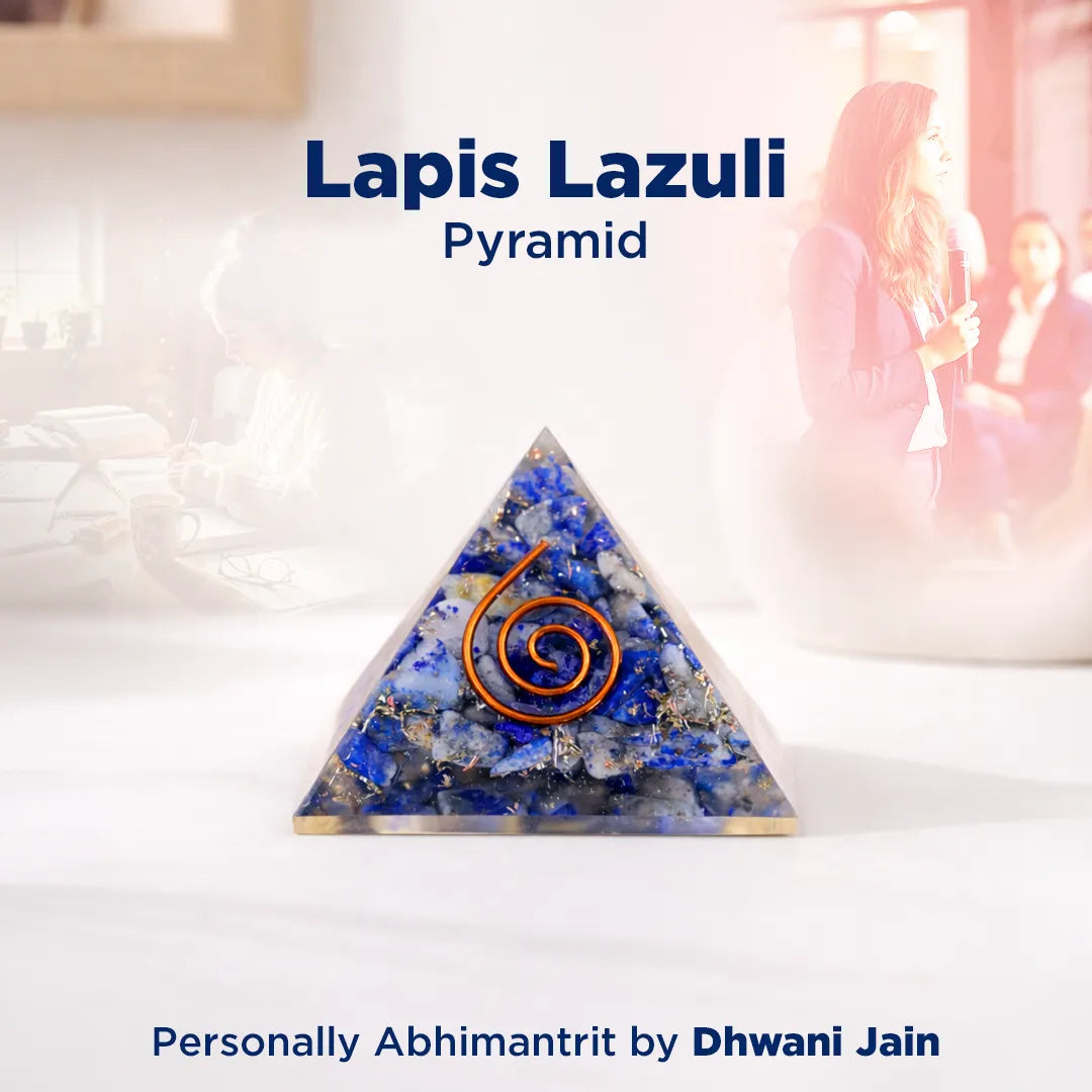Lapis Lazuli pyramid with a spiral design on a white background