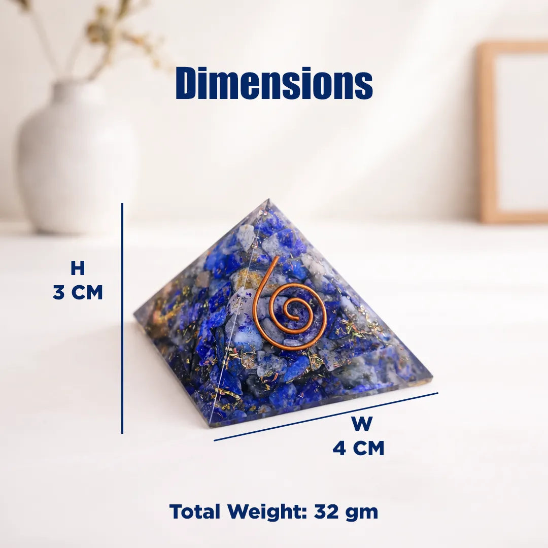 Pyramid-shaped decorative item with spiral design, dimensions, and weight displayed.