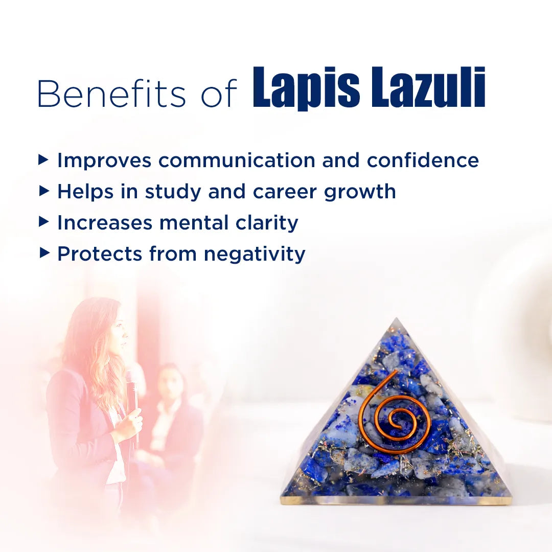 Lapis Lazuli crystal with benefits listed on a white background