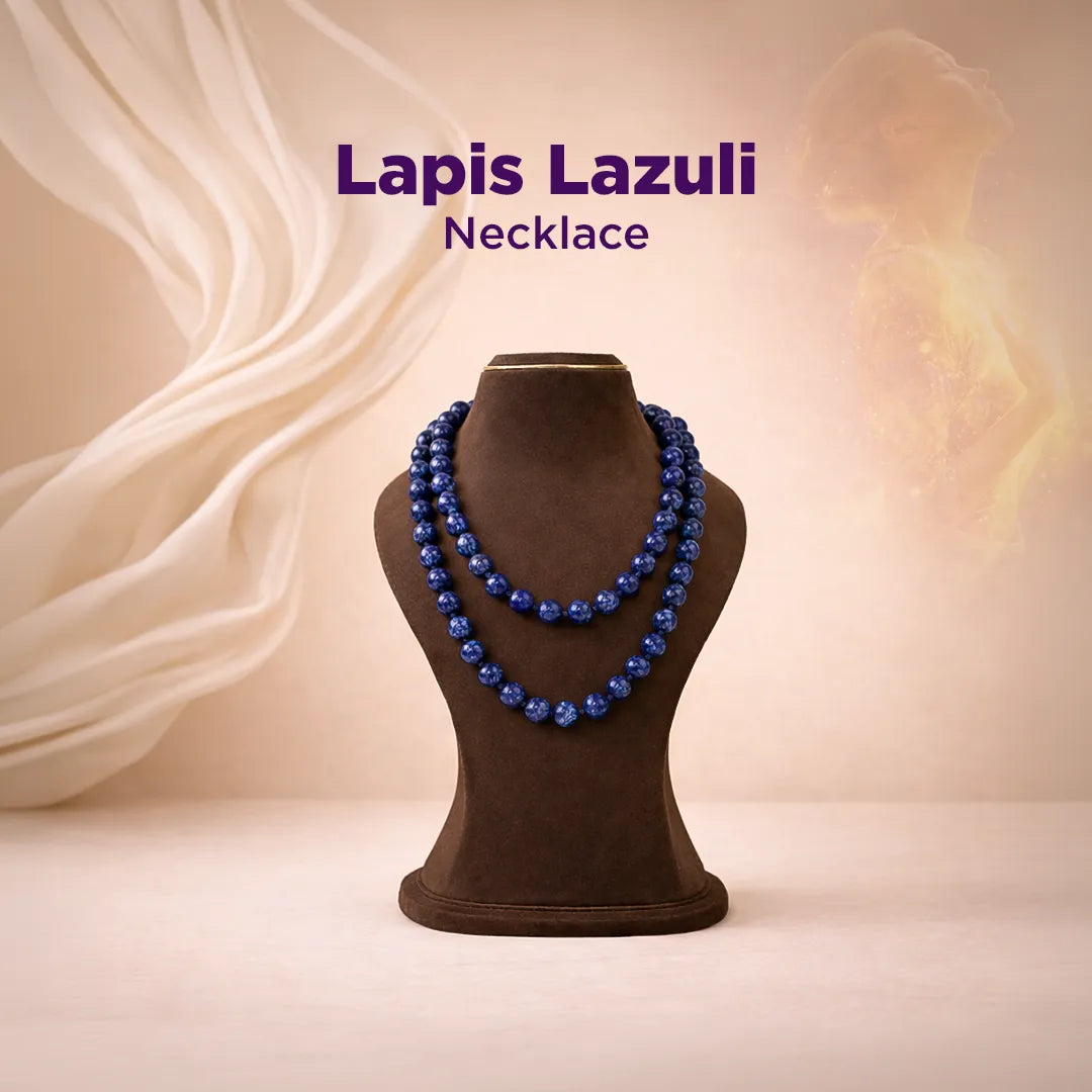 Lapis Lazuli necklace on a mannequin bust with a soft beige background