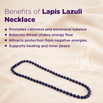 Lapis Lazuli necklace with benefits listed on a beige background