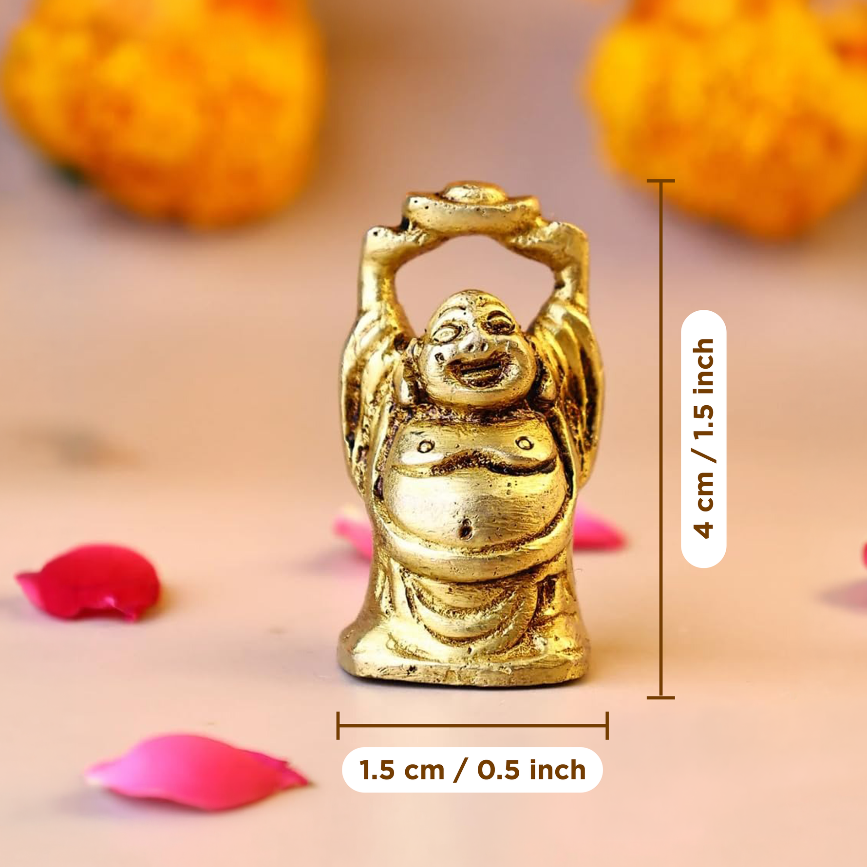 Brass Laughing Buddha with Gold Ingot for Wealth & Prosperity