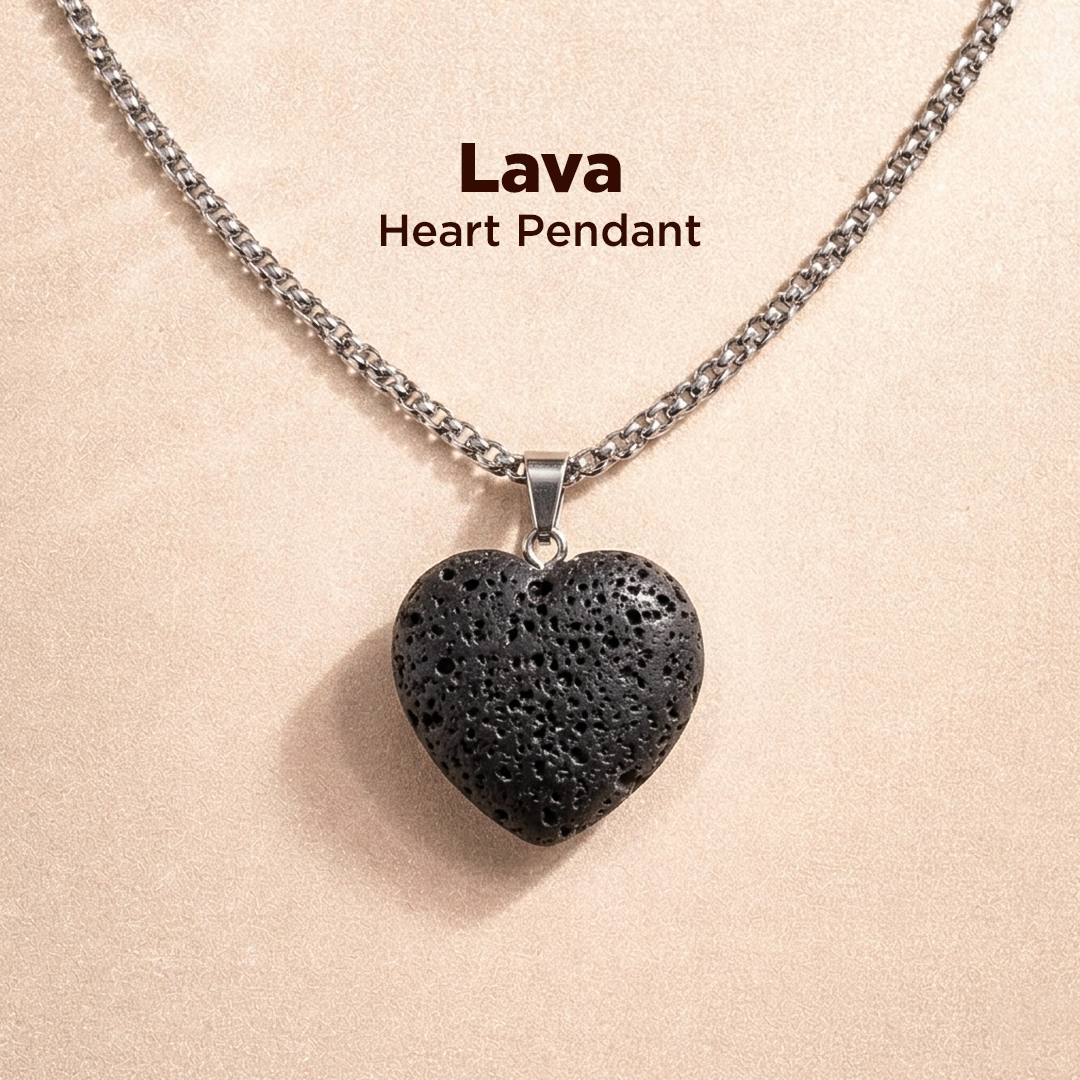 Lava heart pendant necklace on a beige background