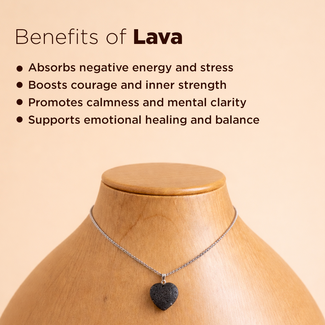 Necklace with a lava heart pendant on a mannequin against a beige background with text about the benefits of lava.Lava Heart Pendant (Abhimantrit) for Strength & Grounding