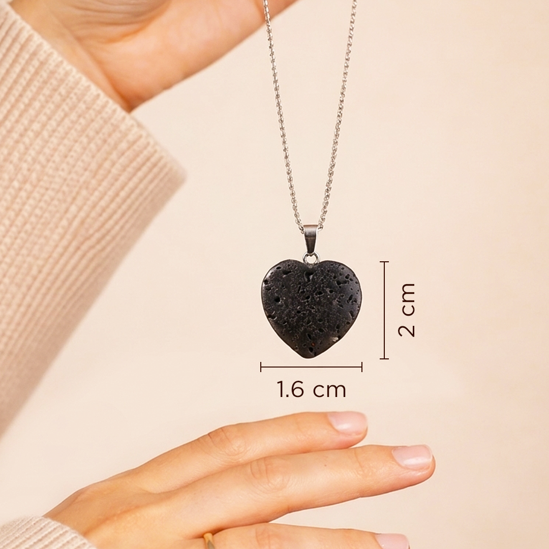Heart-shaped pendant necklace with measurements on a beige backgroundLava Heart Pendant (Abhimantrit) for Strength & Grounding