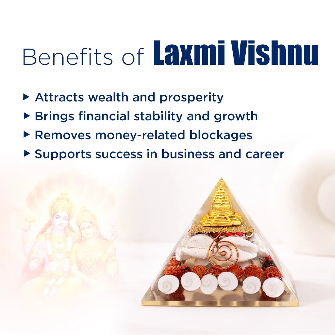 Laxmi Vishnu statue with benefits listed on a white background