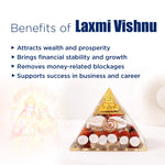 Laxmi Vishnu statue with benefits listed on a white background