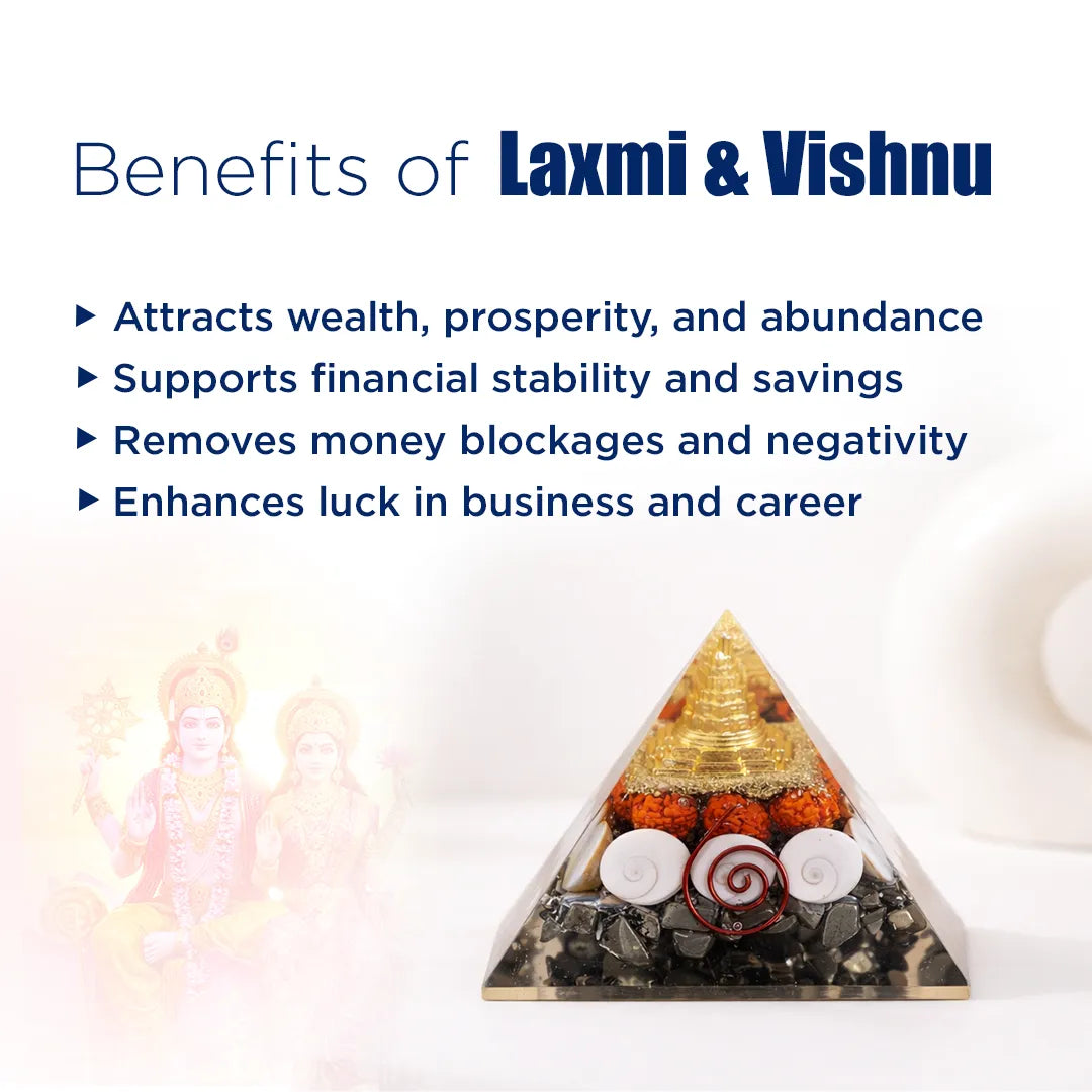Pyramid-shaped object with religious significance on a white background, featuring text about Laxmi and Vishnu's benefits.