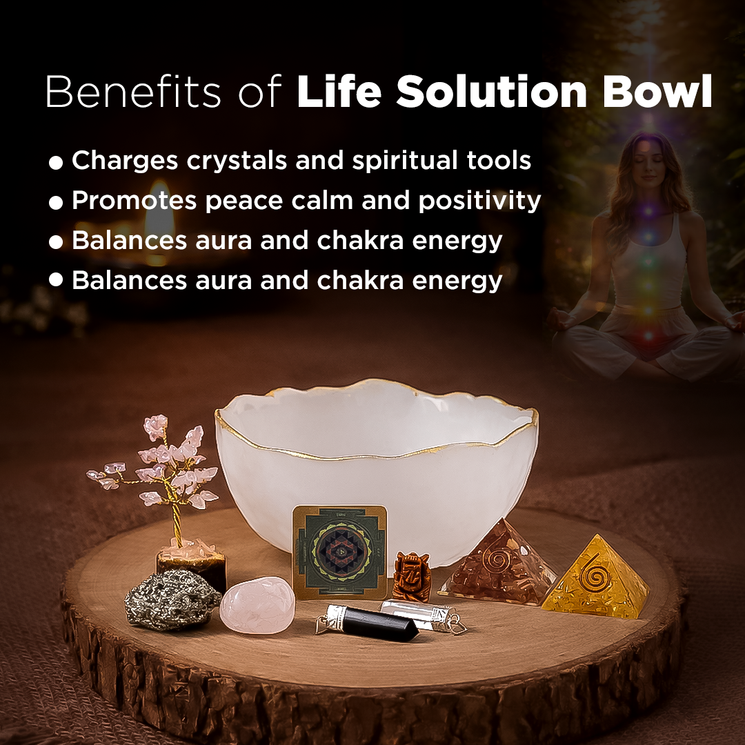 Life Solution Bowl with crystals and tools on a wooden surface, promoting peace and positivity.