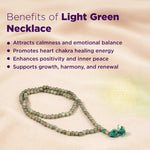 Light green beaded necklace on a beige background with text about its benefits.
