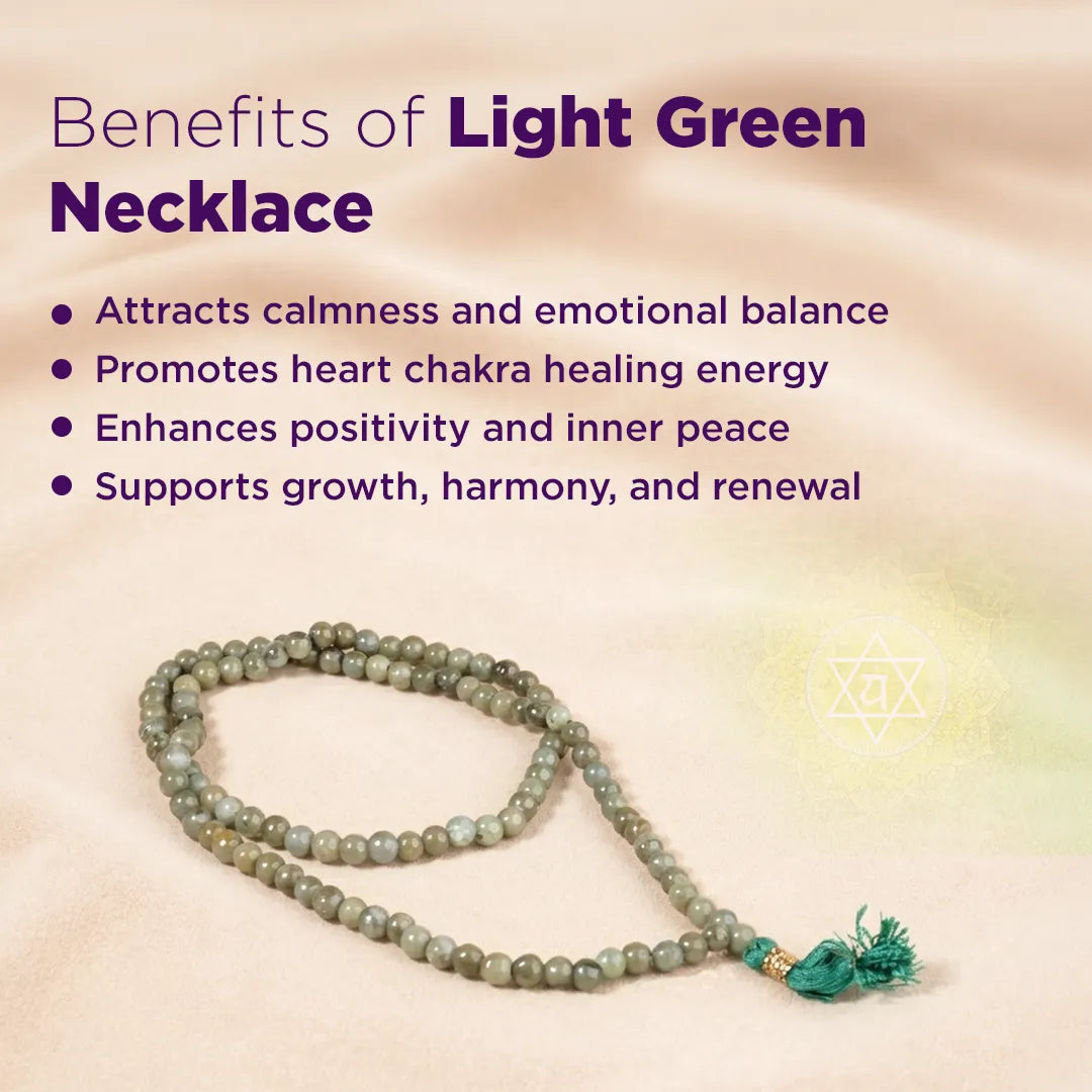 Light green beaded necklace on a beige background with text about its benefits.