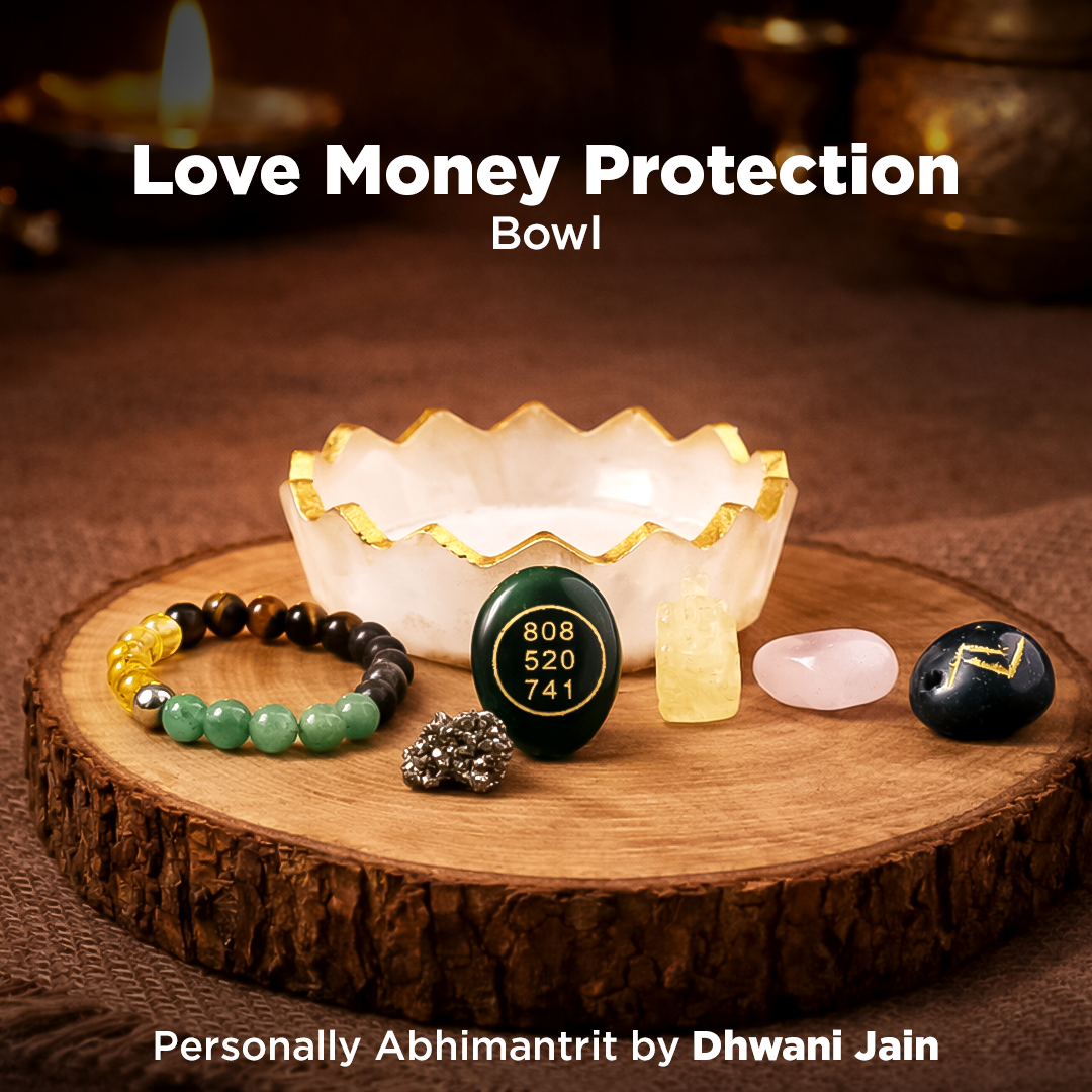 Love Money Protection Bowl with accessories on a wooden surface