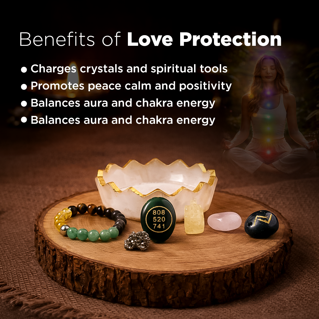 Collection of crystals and a bracelet on a wooden stand with text about love protection benefits.