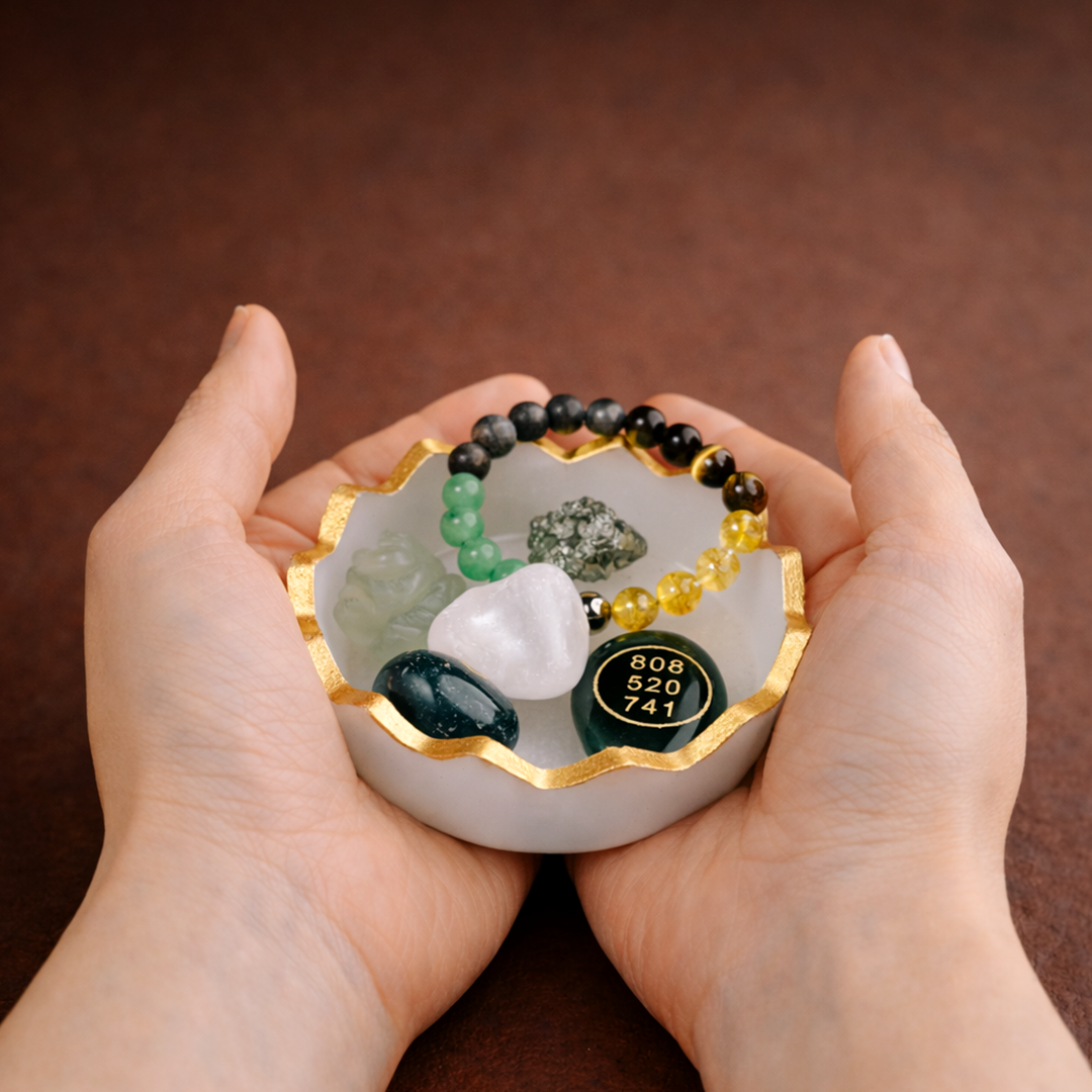 Hands holding a small dish with decorative stones and a bracelet on a brown background