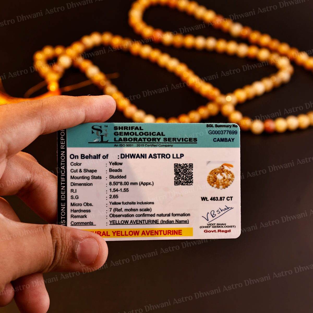 Yellow Aventurine Crystal Mala - Abhimantrit & Certified