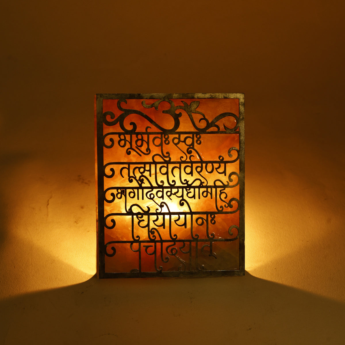 Gayatri Mantra Rose Quartz Tealight Candle Stand