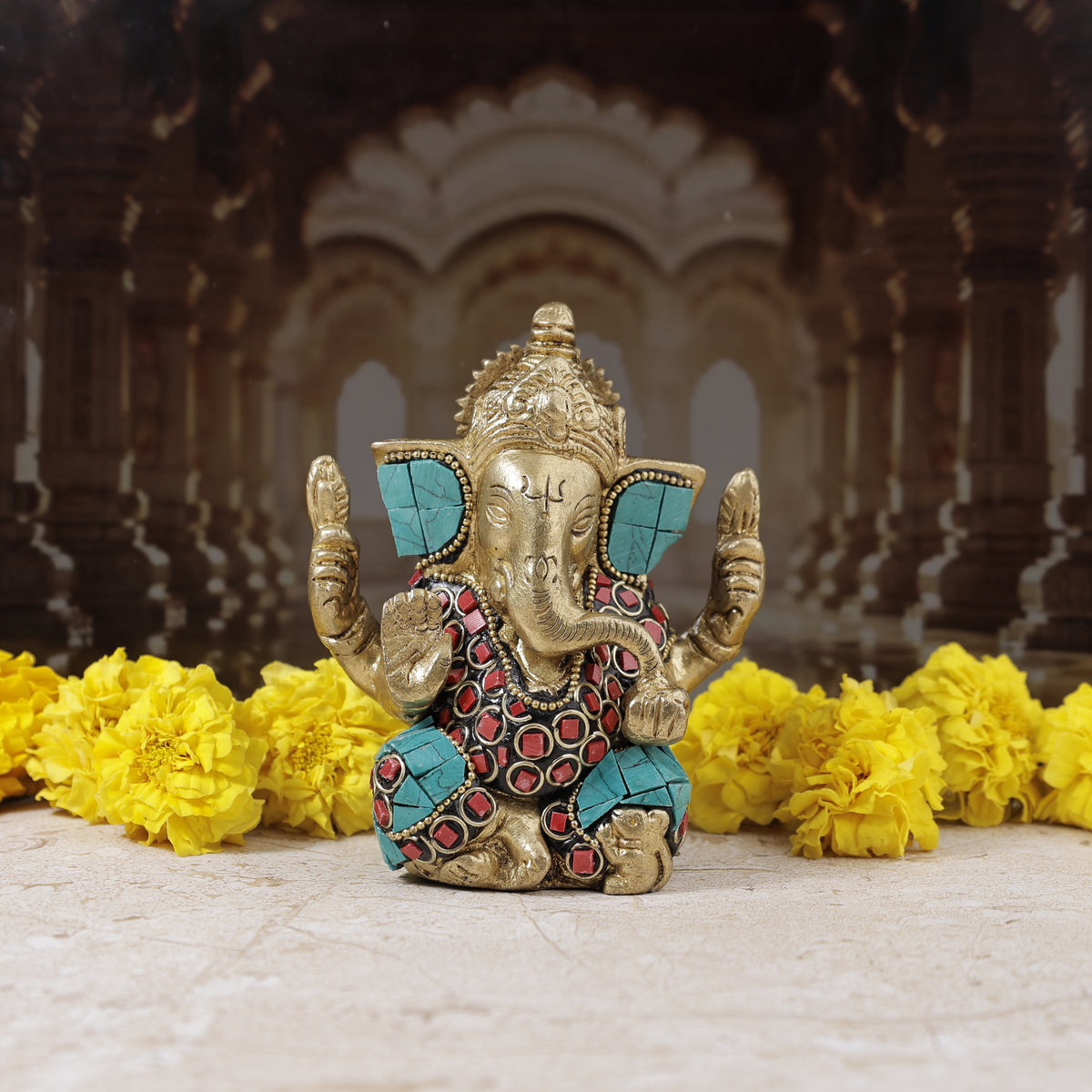 Brass Shri Ganesh Statue with Stonework - Abhimantrit