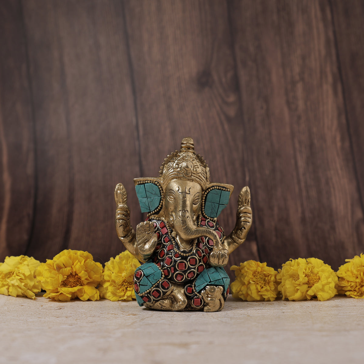 Brass Shri Ganesh Statue with Stonework - Abhimantrit