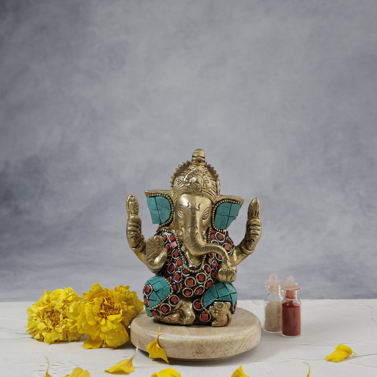 Brass Shri Ganesh Statue with Stonework - Abhimantrit