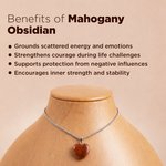 Necklace with a mahogany obsidian pendant on a mannequin against a beige background with text about its benefits.