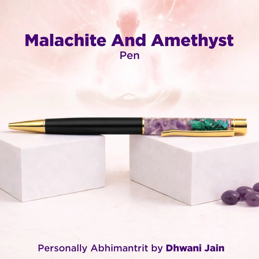 Pen with malachite and amethyst design on a white background