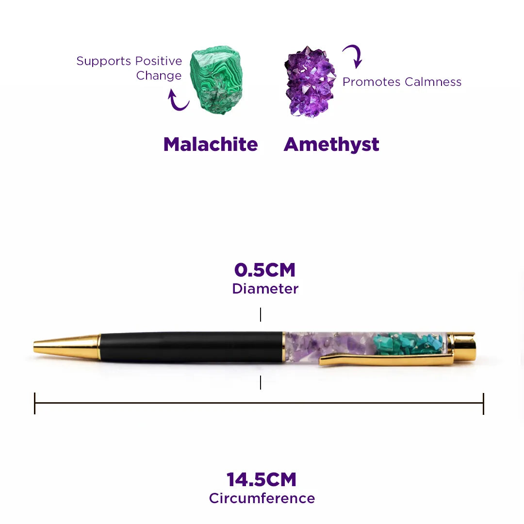 Pen with malachite and amethyst accents, showing properties and measurements.