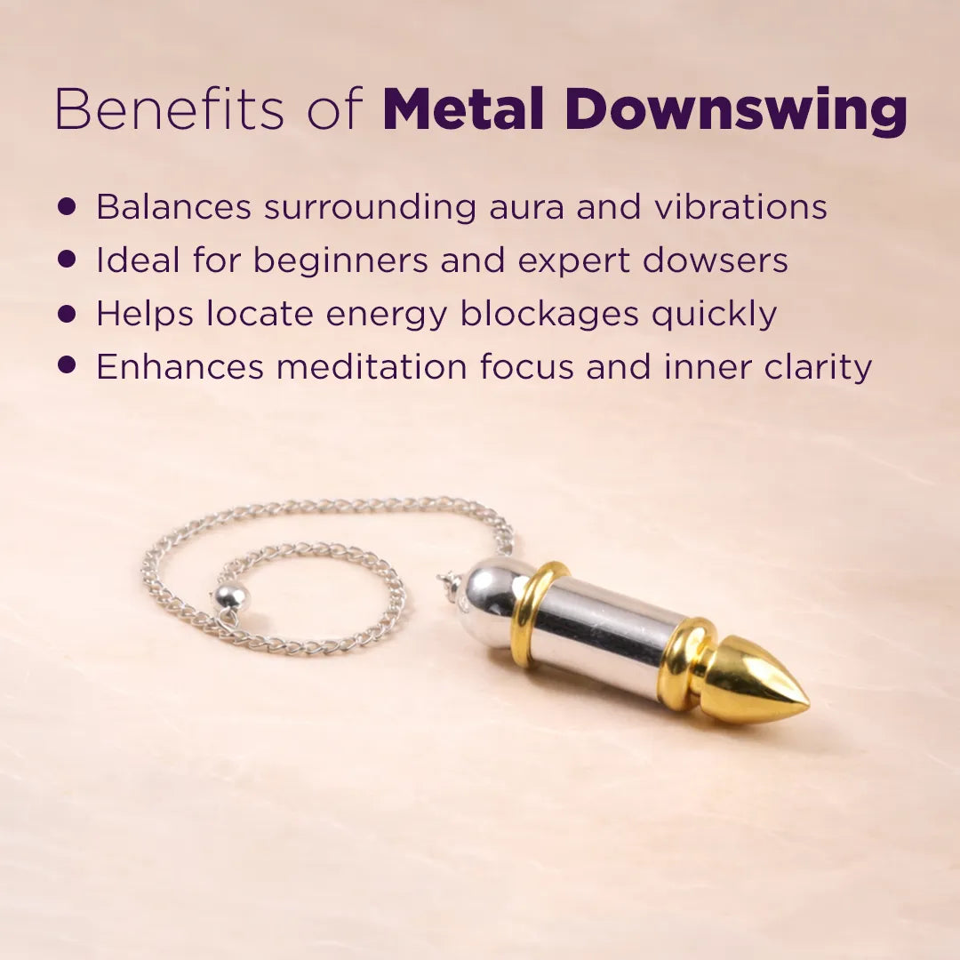 Metallic pendulum with text about the benefits of metal downswings on a beige background